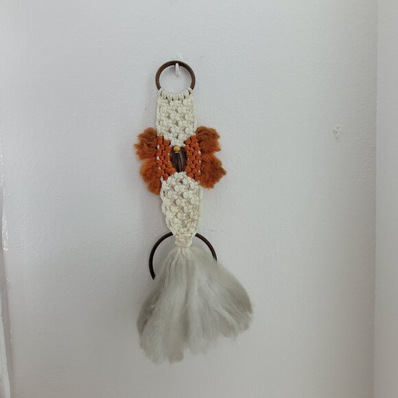 Macrame Wall Hanger with Brown Wood Hoop Off White w Rust Orange Butterfly Towel - Picture 11 of 15